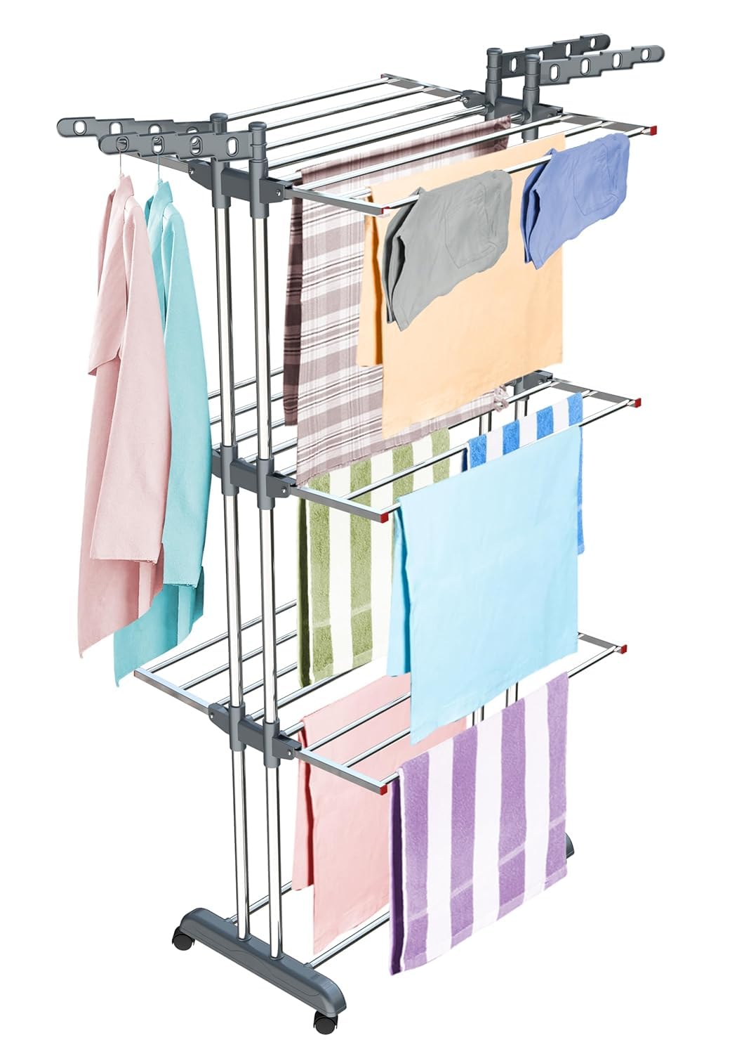 LiMETRO STEEL Stainless Steel Double Pole 3 Layer Stainless Steel Cloth Drying Stand with Hanger